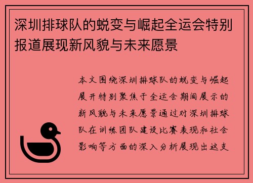 深圳排球队的蜕变与崛起全运会特别报道展现新风貌与未来愿景